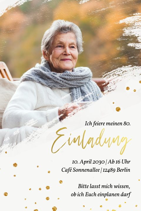Einladungskarte 80. Geburtstag: Summerbrush mit Foto in Weiß