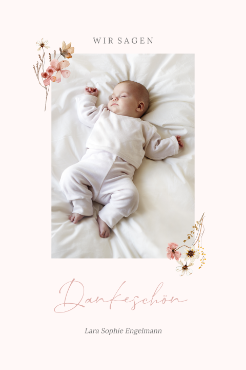 Dankeskarte Baby: Zarte Blüten mit Fotos in Rosa