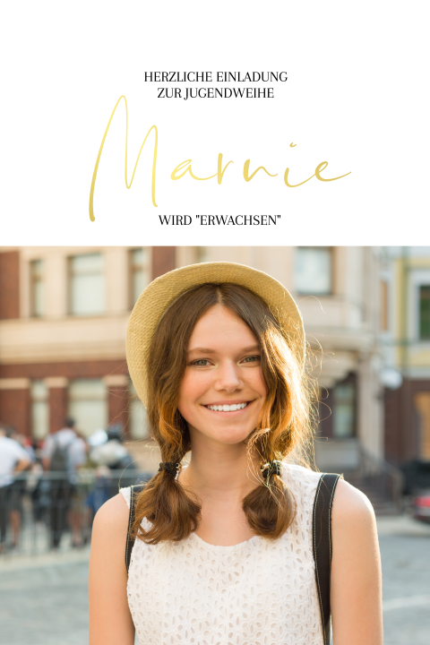 Einladungskarte Jugendweihe: Goldschrift mit Foto mit Foto in Weiß