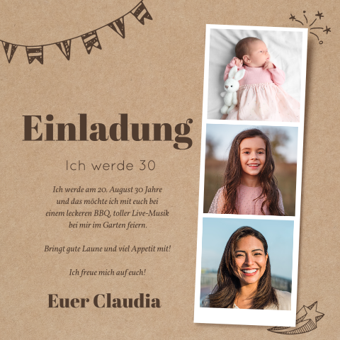 Einladungskarte 30. Geburtstag: Polaroid Trio mit Fotos in Kraft Look