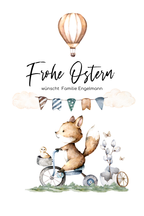 Osterkarte: Fuchs auf dem Rad mit Foto in Weiß