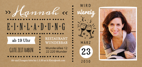 Einladungskarte 40. Geburtstag: Kraft Ticket mit Foto in Kraft Look