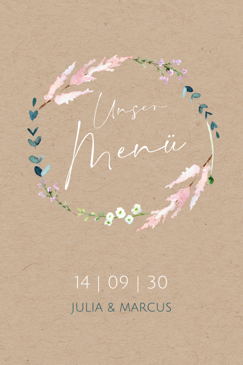 Menükarte Hochzeit: Blumenkranz Kraft in Kraft Look