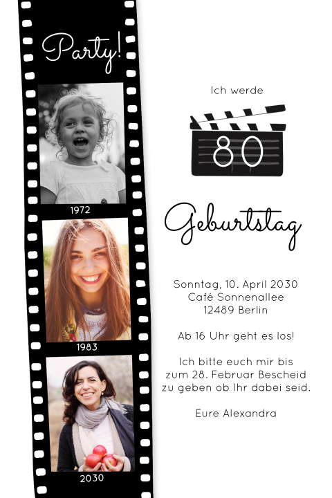 Einladungskarte 80. Geburtstag: Filmstreifen mit Fotos in Weiß