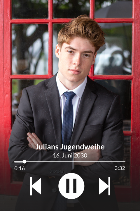 Einladungskarte Jugendweihe: Musikapp mit Fotos in Schwarz