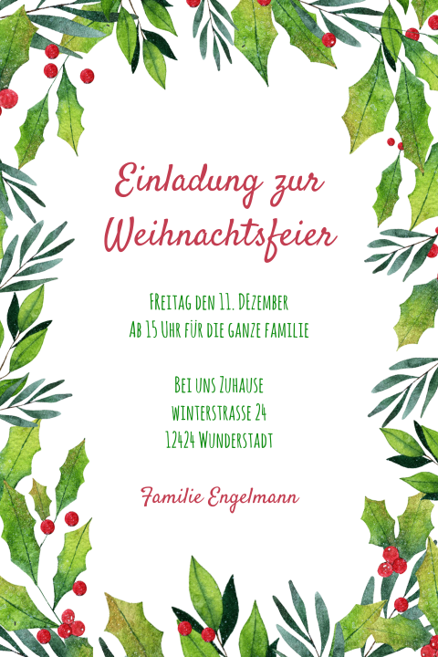 Einladungskarte Weihnachten: Rahmen Ilex in Weiß