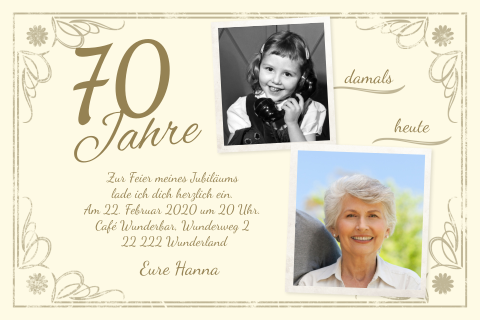 Einladungskarte 70. Geburtstag: Vintage mit Fotos in Creme