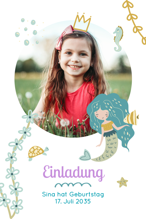 Einladungskarte Kindergeburtstag: Meerjungfrau mit Foto in Violet