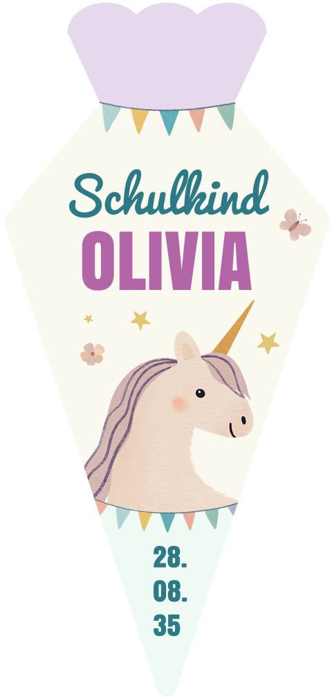 Einladungskarte Einschulung: Schultüte Einhorn in Creme