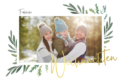 Weihnachtskarte: Grünes Fenster mit Foto in Weiß