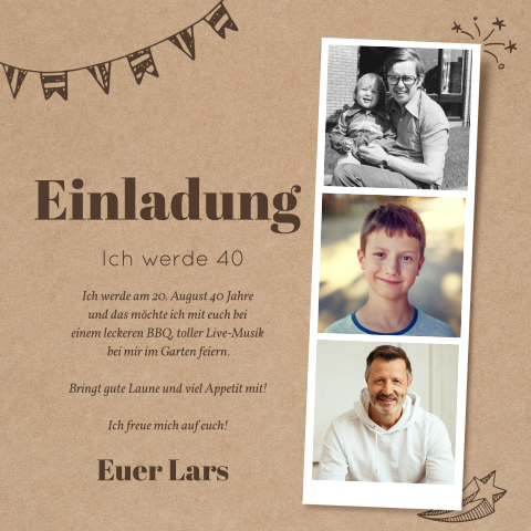 Einladungskarte 40. Geburtstag: Polaroid Trio 40 mit Fotos in Kraft Look