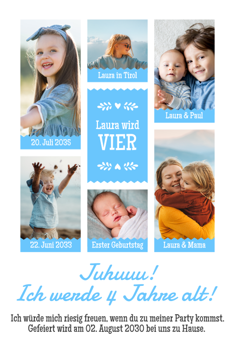 Einladungskarte Kindergeburtstag: Bildergalerie in Blau mit Fotos in Blau