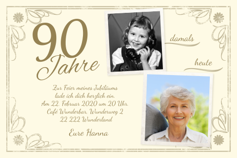 Einladungskarte 90. Geburtstag: Vintage - 90 mit Fotos in Creme