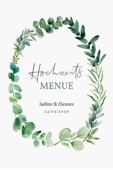 Menükarte Hochzeit: Greenery in Weiß