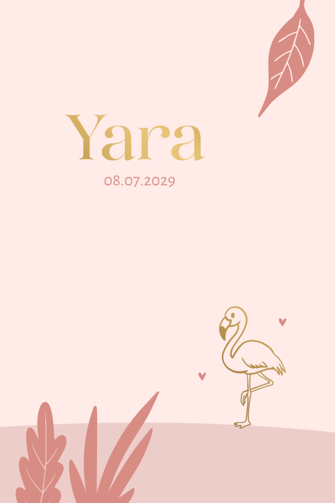 Geboortekaartje lijntekening flamingo bladeren goudfolie