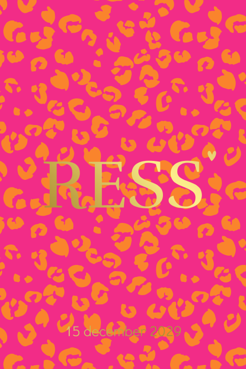Geboortekaartje panterprint roze oranje goudfolie