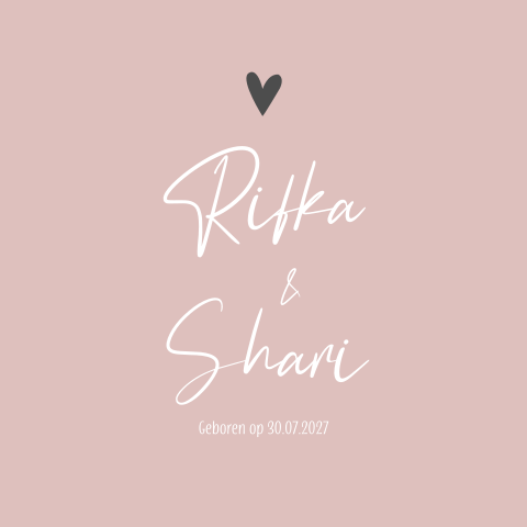 Geboortekaart tweeling roze grijs hartjes