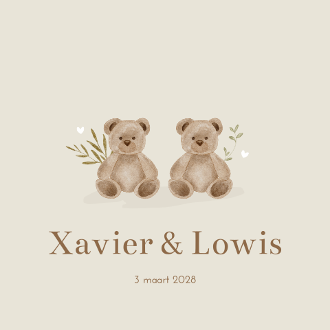 Geboortekaartje Beige Teddybeer Jongens Tweeling