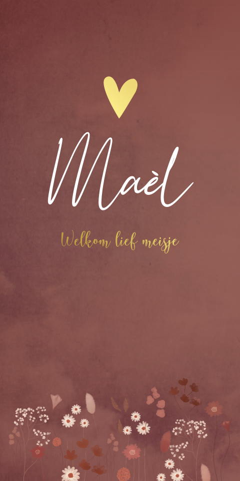 Geboortekaartje bordeaux goud hartjes bloemen