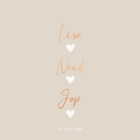 Geboortekaartje Drieling Beige Hartjes