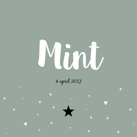 Geboortekaartje mintgroen zwart hartjes sterretjes