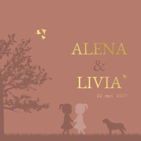 Rouwkaart Geboortekaartje Tweeling Hond Roze goudfolie