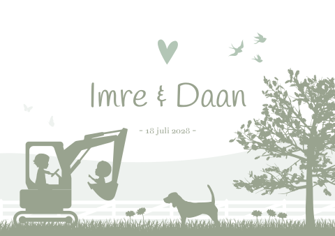 Geboortekaartje tweeling graafmachine jongens