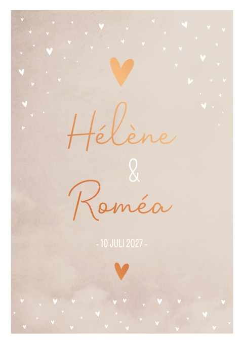 Geboortekaartje Tweeling Koperfolie Hartjes Roze