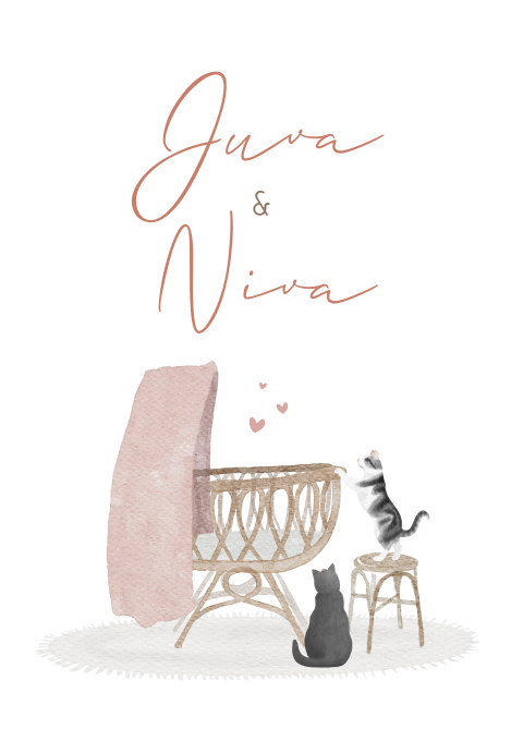 Geboortekaartje Tweeling Wieg Poes Waterverf