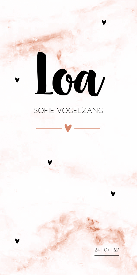 Geboortekaartje Marmer Roze Meisje Hartjes