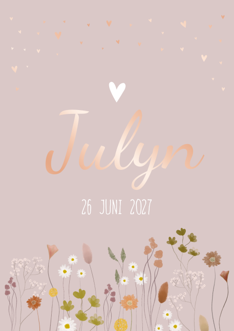 Geboortekaartje roze roséfolie bloemen meisje