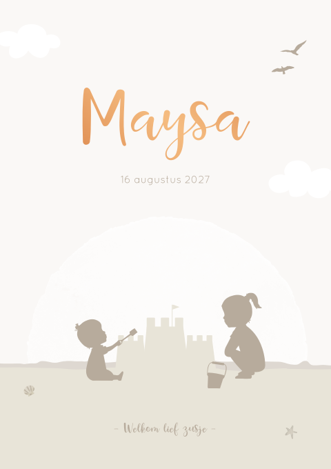Geboortekaartje Meisje Strand Zee Silhouet