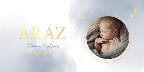 Geboortekaartje Waterverf Babyfoto Blauw Goudfolie
