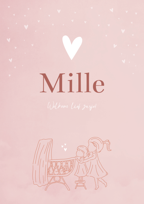 Geboortekaartje Meisje Beige Lijntekening Zusjes