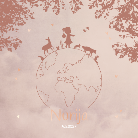 Geboortekaartje meisje bosdieren wereldbol roze