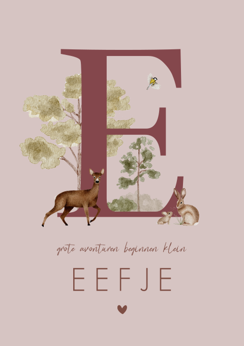 Geboortekaartje Meisje Bosdieren Waterverf Letter