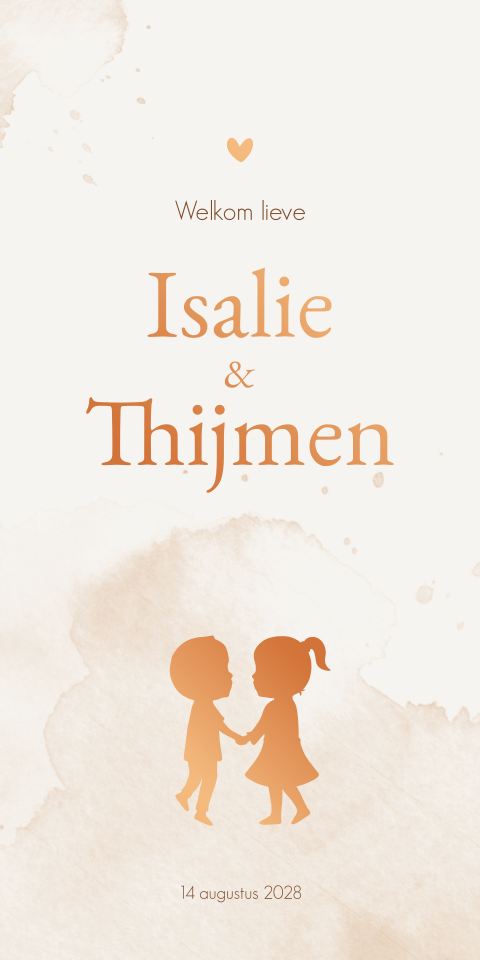 Geboortekaartje Meisje Waterverf  Tweeling Silhouet