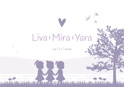 Geboortekaartje Drieling Zusjes Lila Natuur