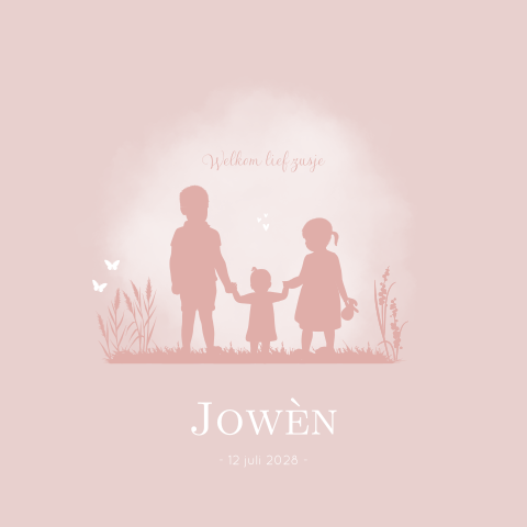 Geboortekaartje Meisje Broertje Zusje Silhouet Roze
