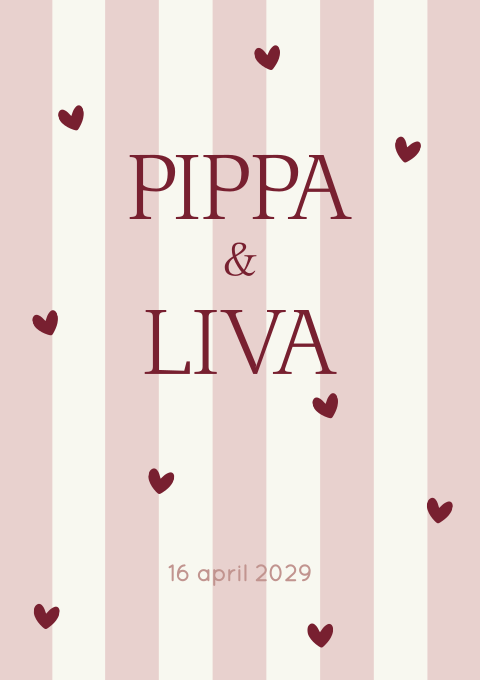 Geboortekaartje Tweeling Strepen Hartjes Roze Lief