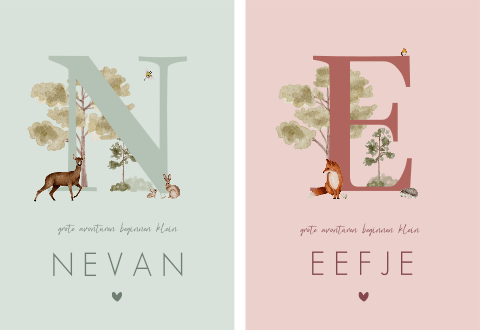 Geboortekaartje Tweeling Set Bosdieren Initiaal