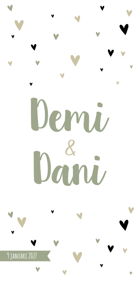 Geboortekaartje Tweeling Hartjes Groen Beige