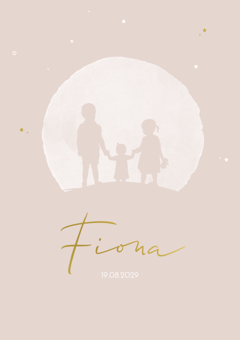 Geboortekaartje Meisje Maan Lijntekening Zusjes Sterretjes