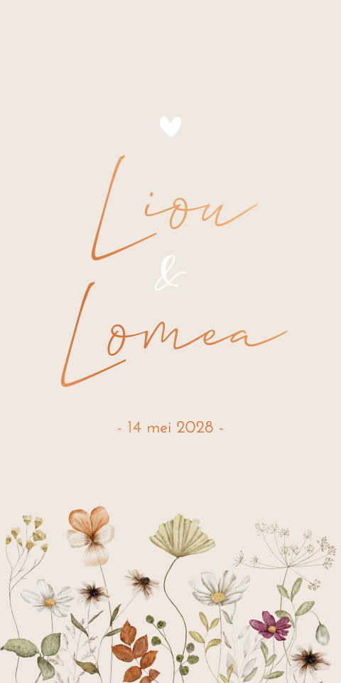 Geboortekaartje Tweeling Bloemetjes Koperfolie  Beige