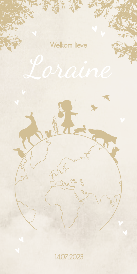 Geboortekaartje meisje beige illustratie dieren