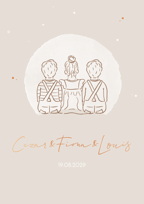 Geboortekaartje Drieling Maan Lijntekening Sterretjes