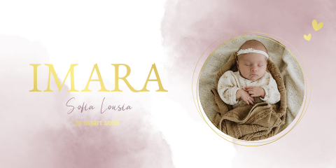 Geboortekaartje Waterverf Babyfoto Lila Goudfolie