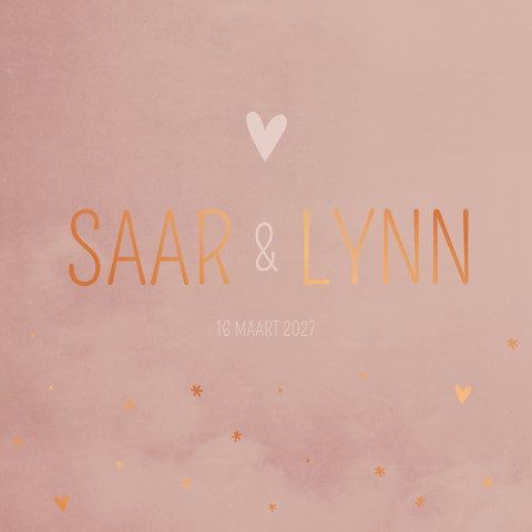 Geboortekaartje roze tweeling hartjes foliedruk