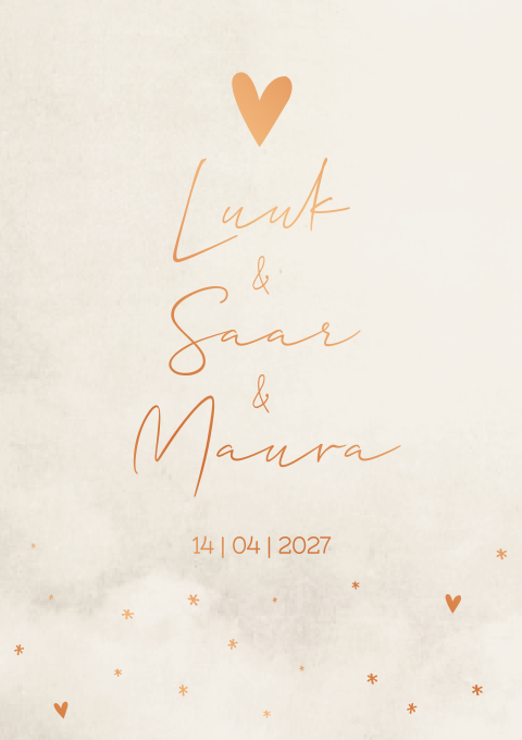 Geboortekaartje Drieling Neutraal Koperfolie Hartjes