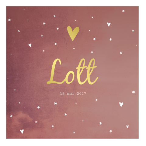 Geboortekaartje aubergine roze hartjes sterretjes